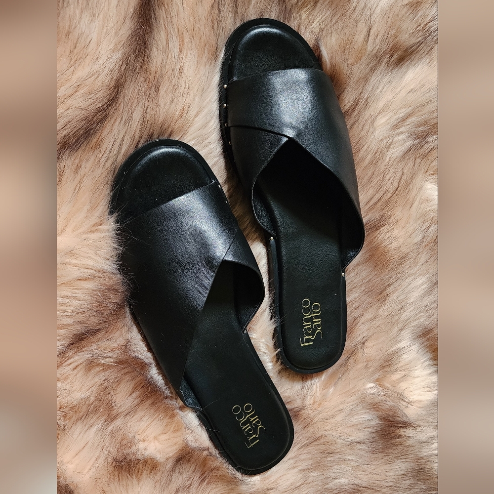 Franco Sarto Black Slide Sandals.  Quiet Luxury.  So Soft...  Leather Is Amazing